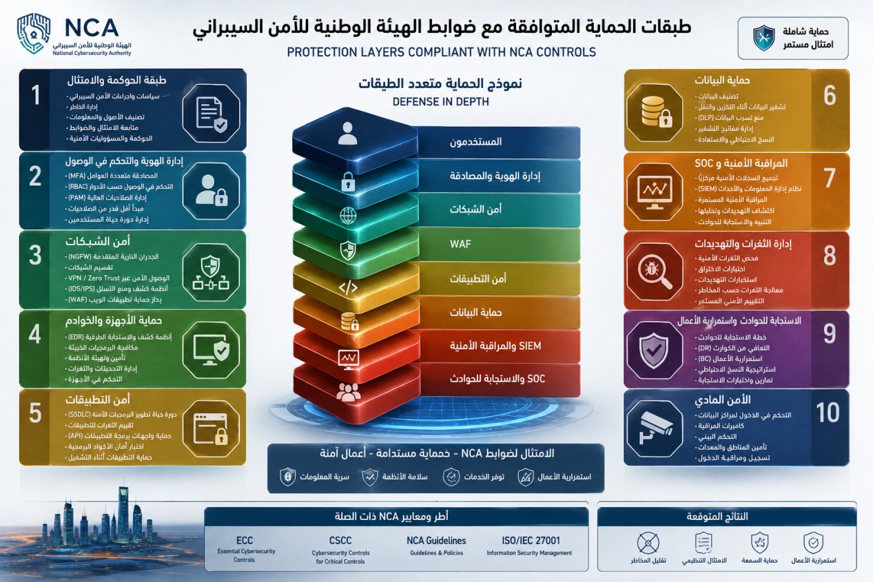 طبقات الحماية العشر المتوافقة مع ضوابط الهيئة الوطنية للأمن السيبراني NCA